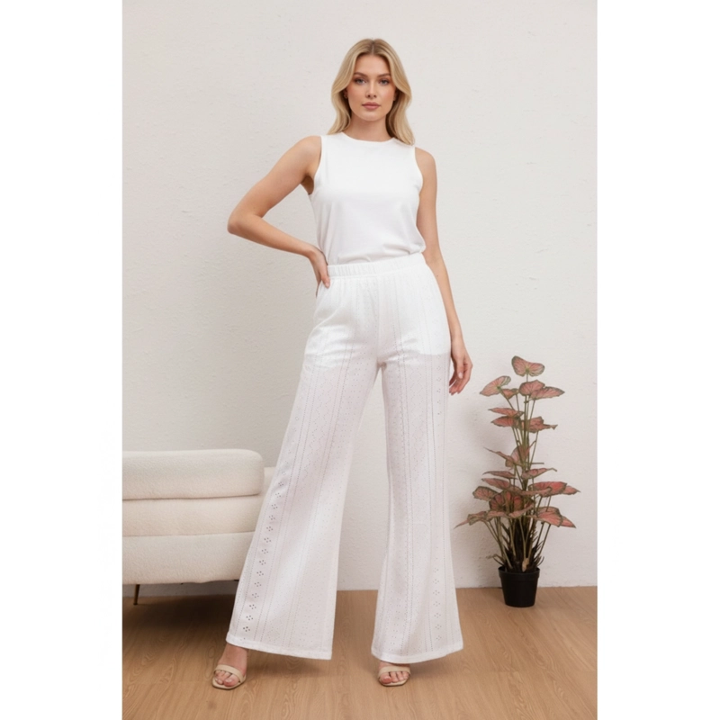 PANTALON PLAYERO MUJER FLARE CALADO TIPO BRODERIE VERANO 6625 - 1