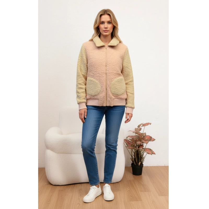 POLERON PELUDO TIPO CORDERITO MUJER BI COLOR CIERRE BOLSILLOS W29 - 1