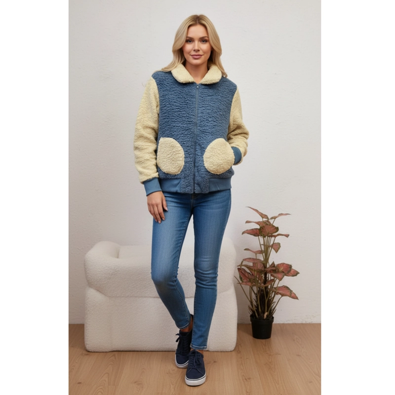 POLERON PELUDO TIPO CORDERITO MUJER BI COLOR CIERRE BOLSILLOS W29 - 1