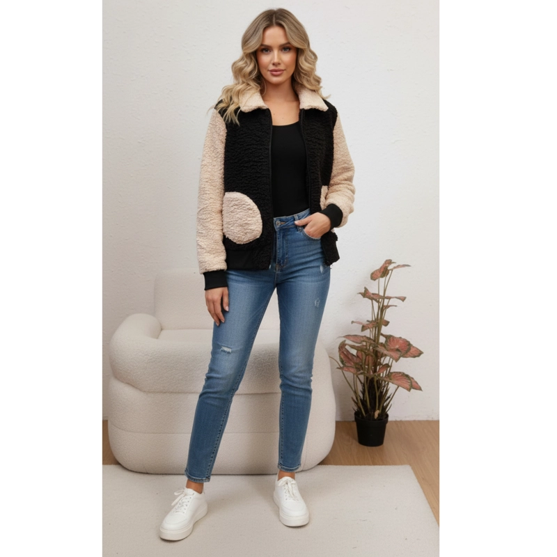 POLERON PELUDO TIPO CORDERITO MUJER BI COLOR CIERRE BOLSILLOS W29 - 1
