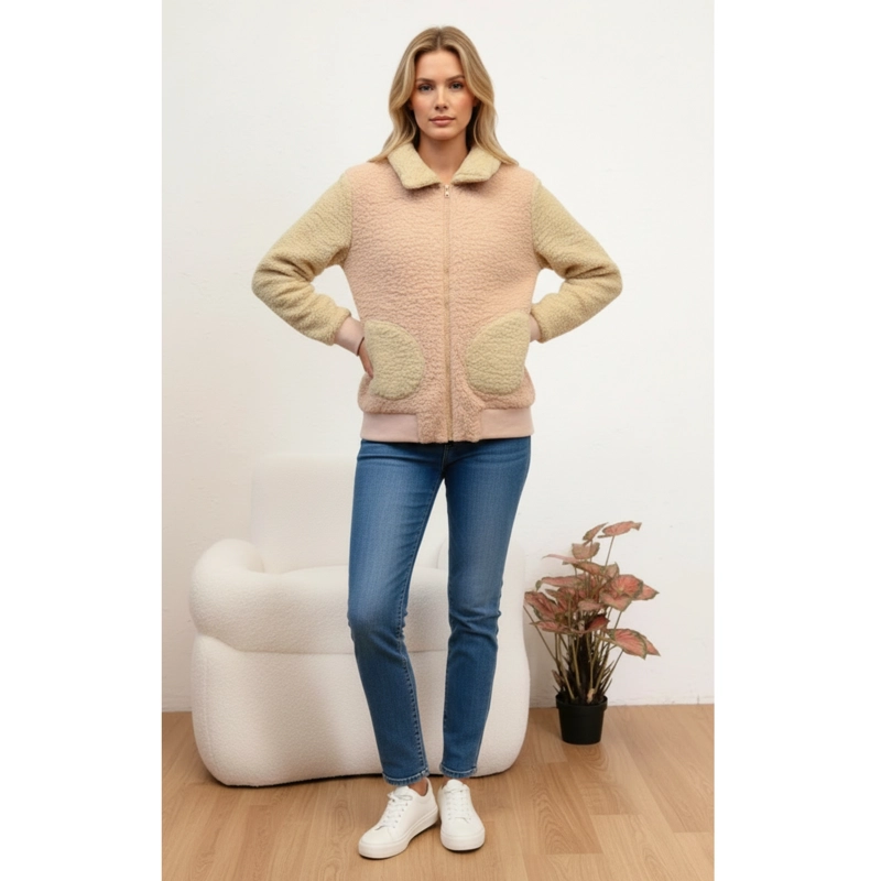 POLERON PELUDO TIPO CORDERITO MUJER BI COLOR CIERRE BOLSILLOS W29 - 2