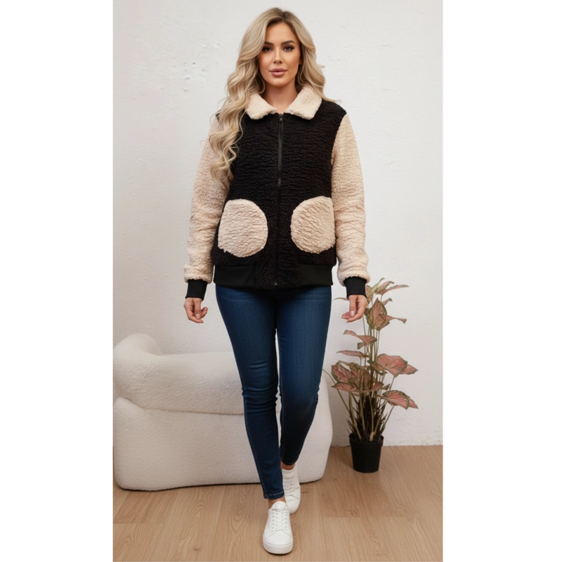POLERON PELUDO TIPO CORDERITO MUJER BI COLOR CIERRE BOLSILLOS W29 - 2