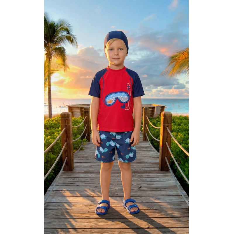 CONJUNTO DE BAÑO NIÑOS SHORT POLERA MANGA CORTA GORRO DISEÑO 0063 - 1