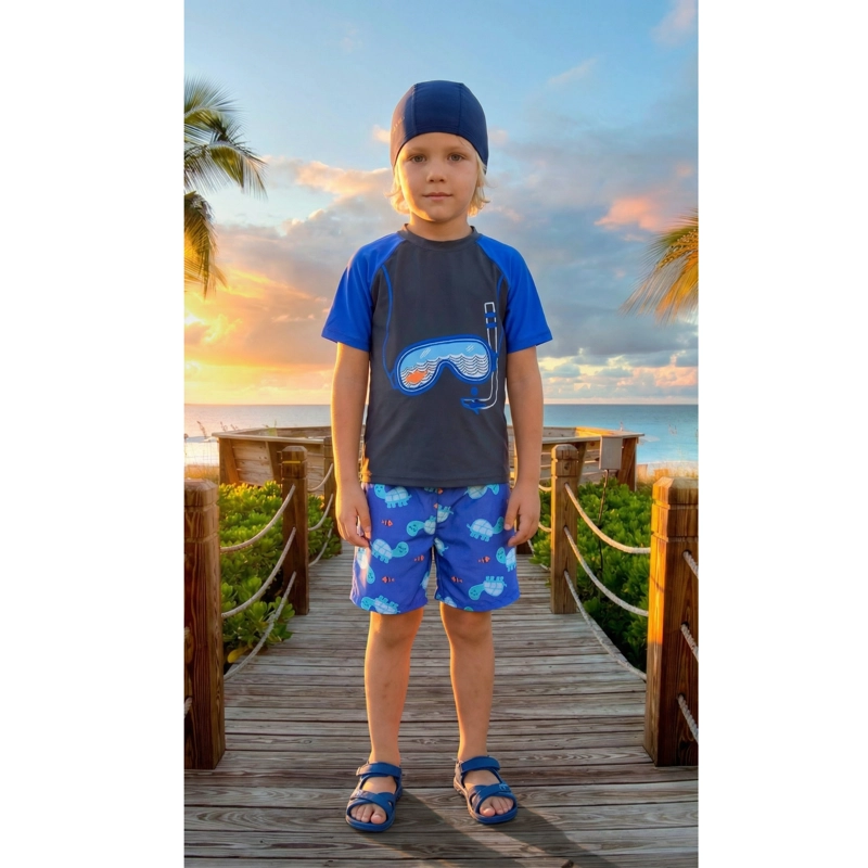 CONJUNTO DE BAÑO NIÑOS SHORT POLERA MANGA CORTA GORRO DISEÑO 0063 - 1