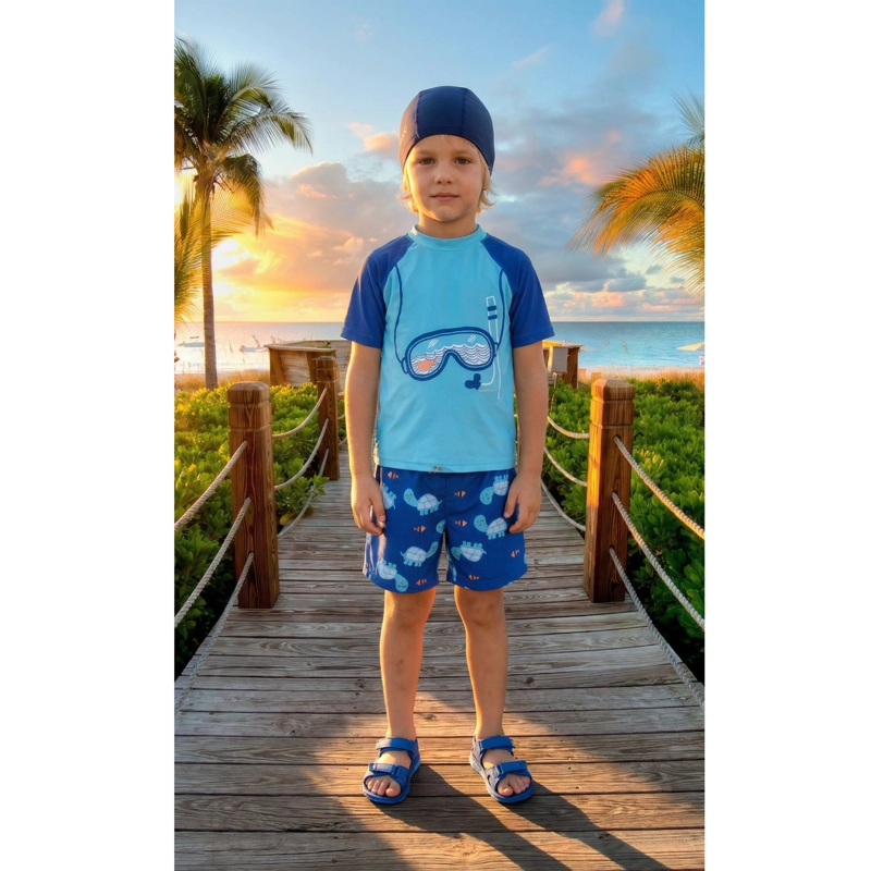 CONJUNTO DE BAÑO NIÑOS SHORT POLERA MANGA CORTA GORRO DISEÑO 0063 - 1