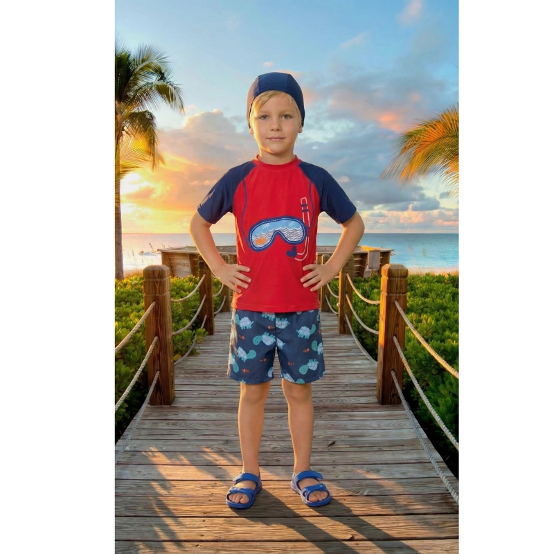 CONJUNTO DE BAÑO NIÑOS SHORT POLERA MANGA CORTA GORRO DISEÑO 0063 - 2