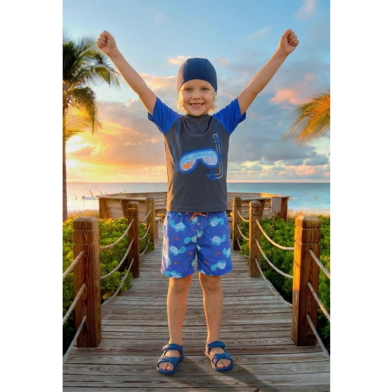 CONJUNTO DE BAÑO NIÑOS SHORT POLERA MANGA CORTA GORRO DISEÑO 0063 - 2