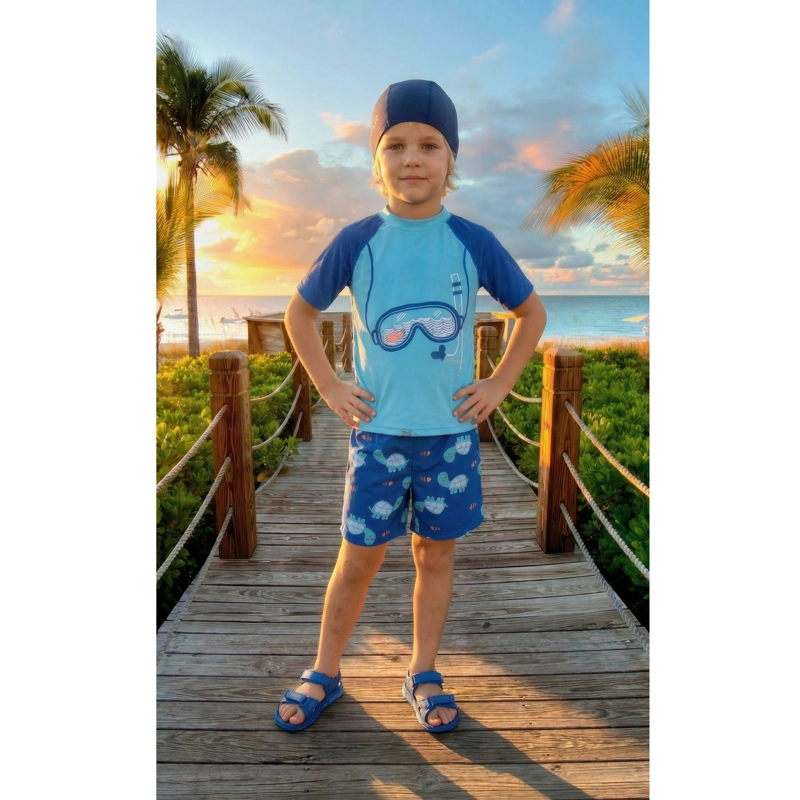 CONJUNTO DE BAÑO NIÑOS SHORT POLERA MANGA CORTA GORRO DISEÑO 0063 - 2