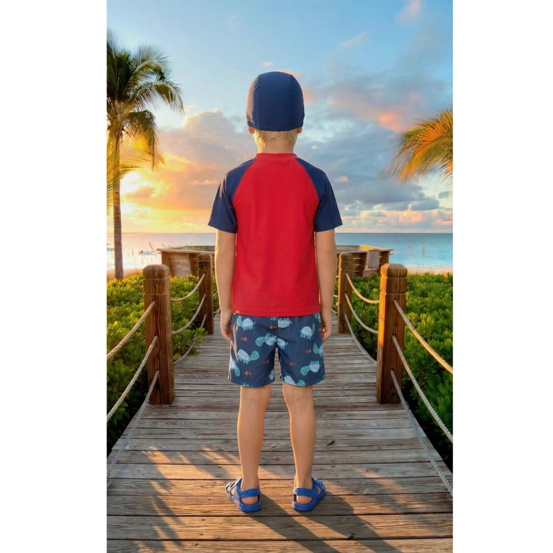 CONJUNTO DE BAÑO NIÑOS SHORT POLERA MANGA CORTA GORRO DISEÑO 0063 - 3