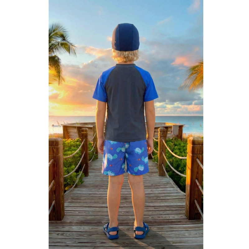 CONJUNTO DE BAÑO NIÑOS SHORT POLERA MANGA CORTA GORRO DISEÑO 0063 - 3