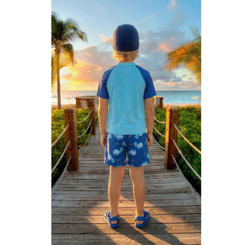 CONJUNTO DE BAÑO NIÑOS SHORT POLERA MANGA CORTA GORRO DISEÑO 0063 - 3