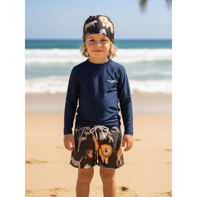 CONJUNTO DE BAÑO NIÑOS SHORT POLERA MANGA LARGA GORRO 0061 - 1