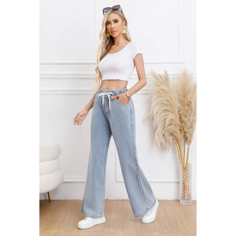 PANTALON JEANS MUJER WIDE LEG TIRO ALTO CON CORDON 1007 - 1