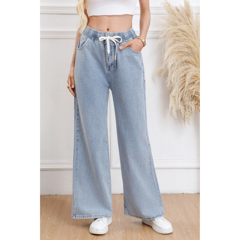 PANTALON JEANS MUJER WIDE LEG TIRO ALTO ELASTICADO CON CORDON 1007 - 3