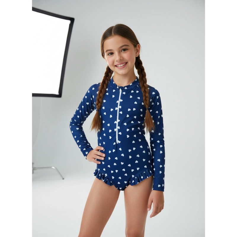 TRAJE DE BAÑO NIÑAS MANGA LARGA TELA ACANALADA CORAZONES 0067 - 1