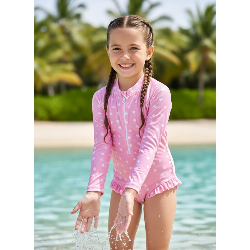 TRAJE DE BAÑO NIÑAS MANGA LARGA TELA ACANALADA CORAZONES 0067 - 1