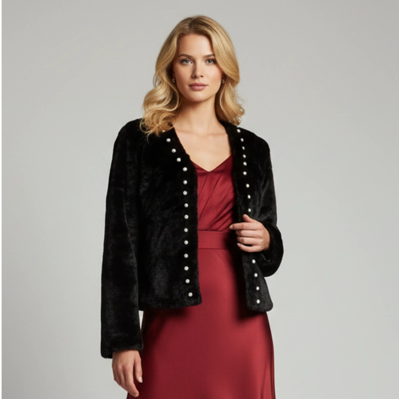 CHAQUETA CORTA MUJER TIPO PELUCHE CON PERLAS ELEGANTE FIESTA 6064 - 1