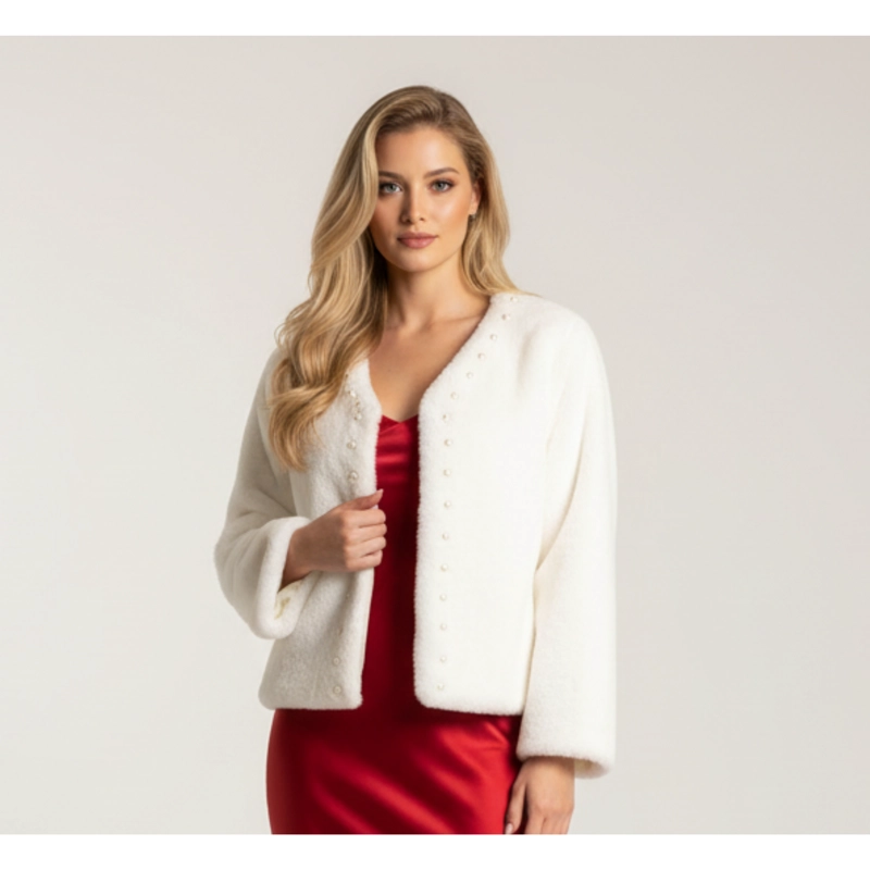 CHAQUETA CORTA MUJER TIPO PELUCHE CON PERLAS ELEGANTE FIESTA 6064 - 1