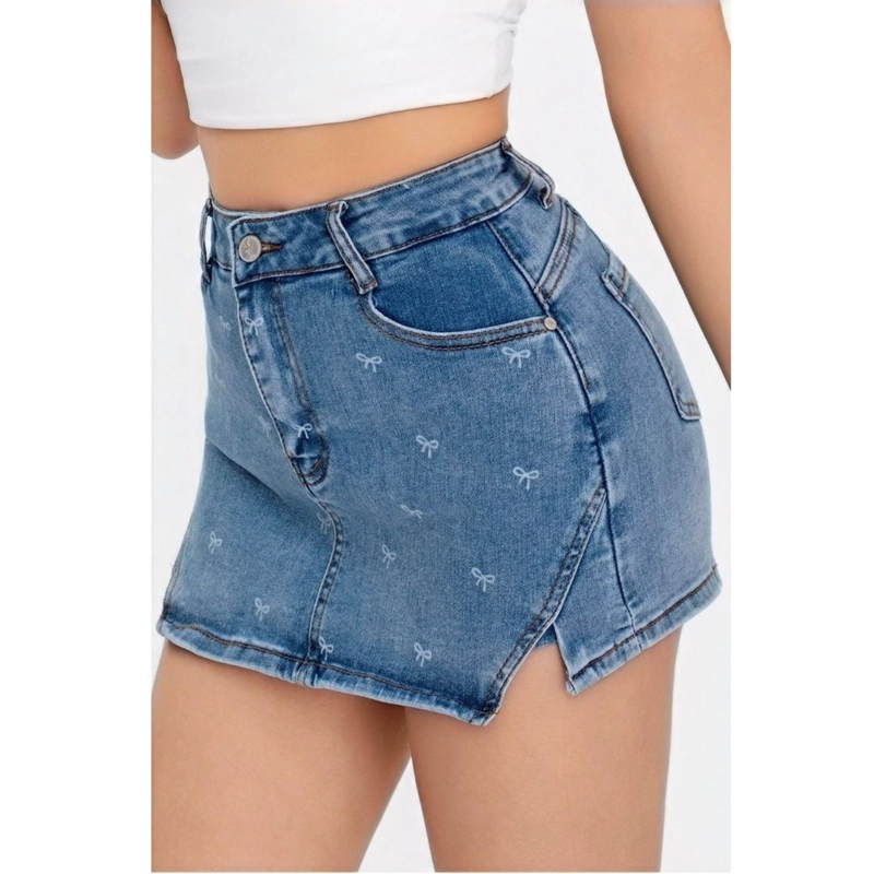 SHORT TIPO MINI FALDA JUVENIL JEANS PREMIUM ELASTICADA LAZOS 3013 - 1