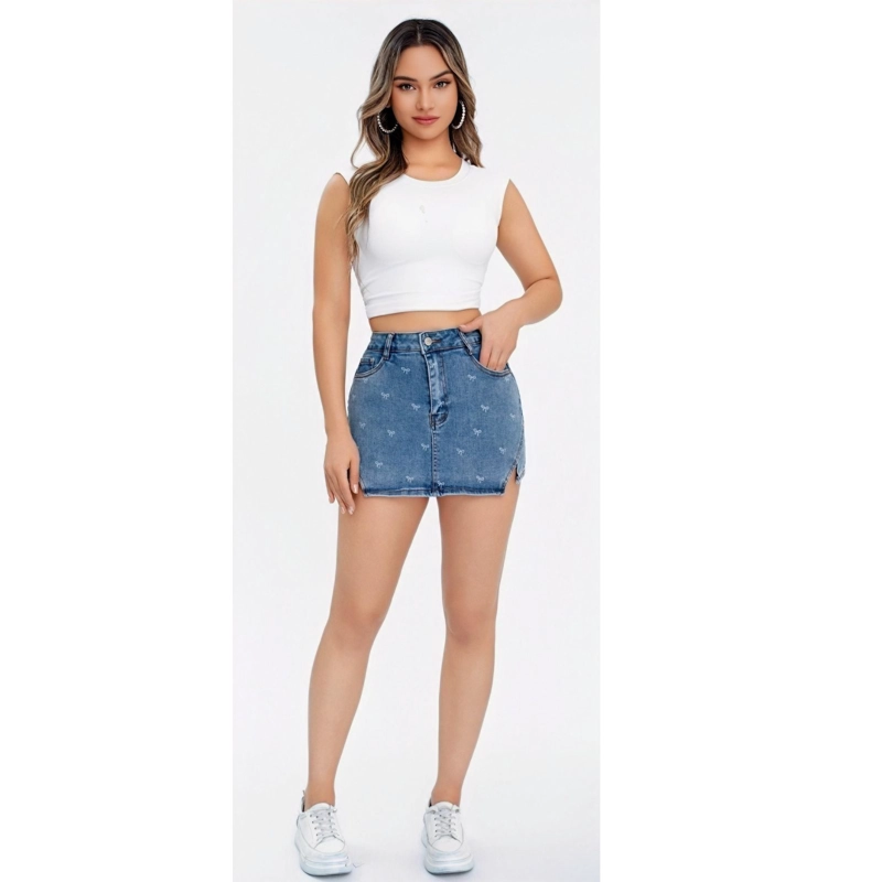 SHORT TIPO MINI FALDA JUVENIL JEANS PREMIUM ELASTICADA LAZOS 3013 - 3