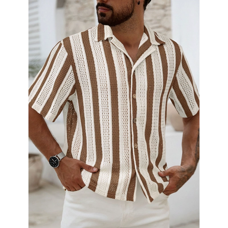 CAMISA DE PUNTO HOMBRE MANGA CORTA TEJIDA HILO MODA TENDENCIA 0284 - 1