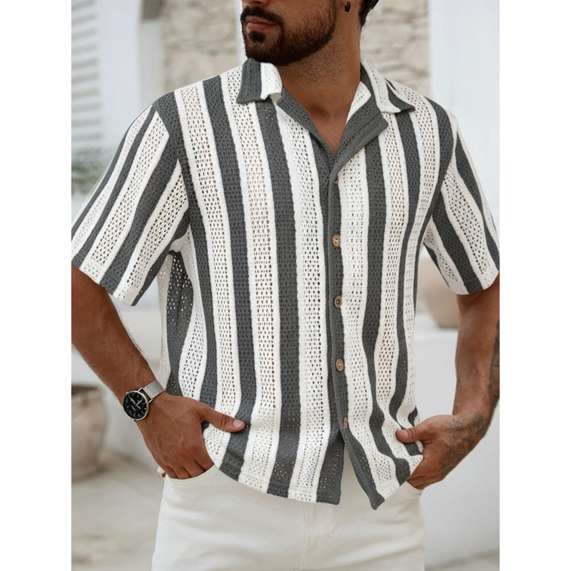 CAMISA DE PUNTO HOMBRE MANGA CORTA TEJIDA HILO MODA TENDENCIA 0284 - 1