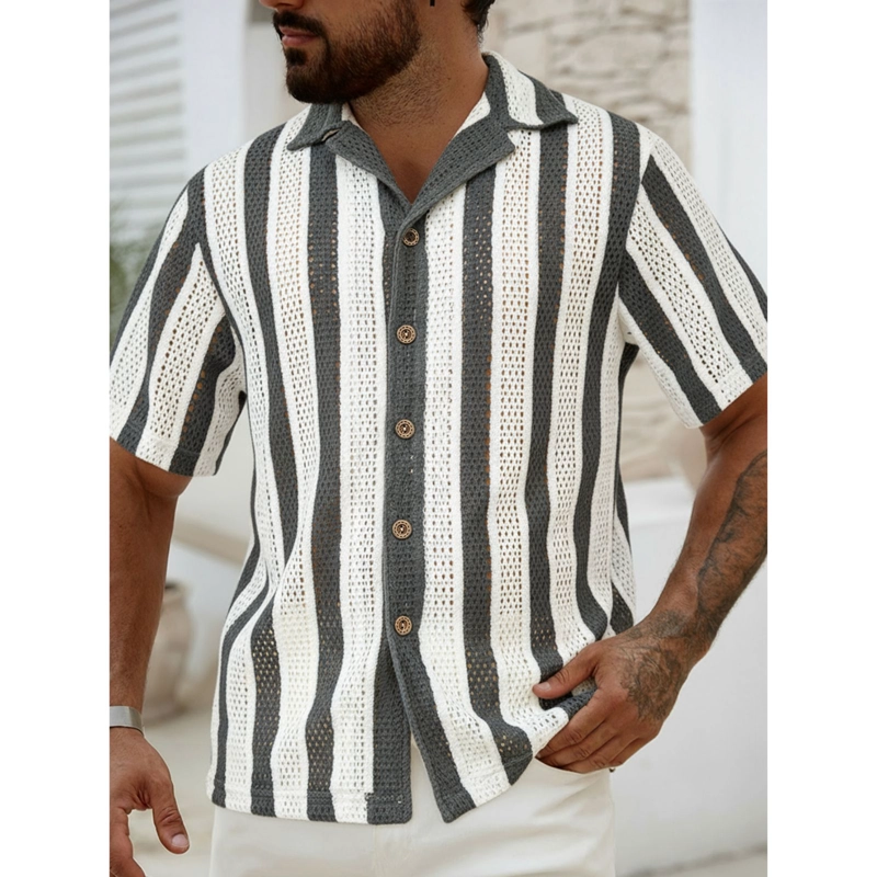 CAMISA DE PUNTO HOMBRE MANGA CORTA TEJIDA HILO MODA TENDENCIA 0284 - 2