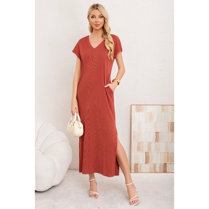 VESTIDO LARGO MUJER RECTO ESCOTE V BOLSILOS MANGA CORTA 3378 - 1