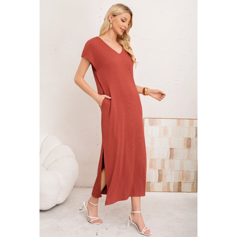 VESTIDO LARGO MUJER RECTO ESCOTE V BOLSILOS MANGA CORTA 3378 - 2
