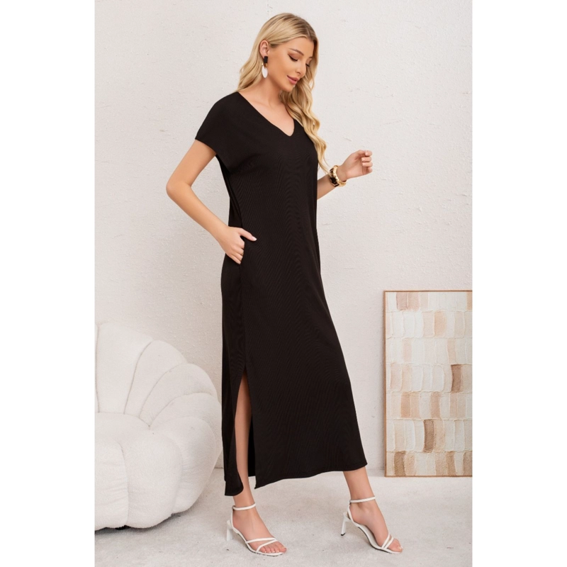 VESTIDO LARGO MUJER RECTO ESCOTE V BOLSILOS MANGA CORTA 3378 - 2