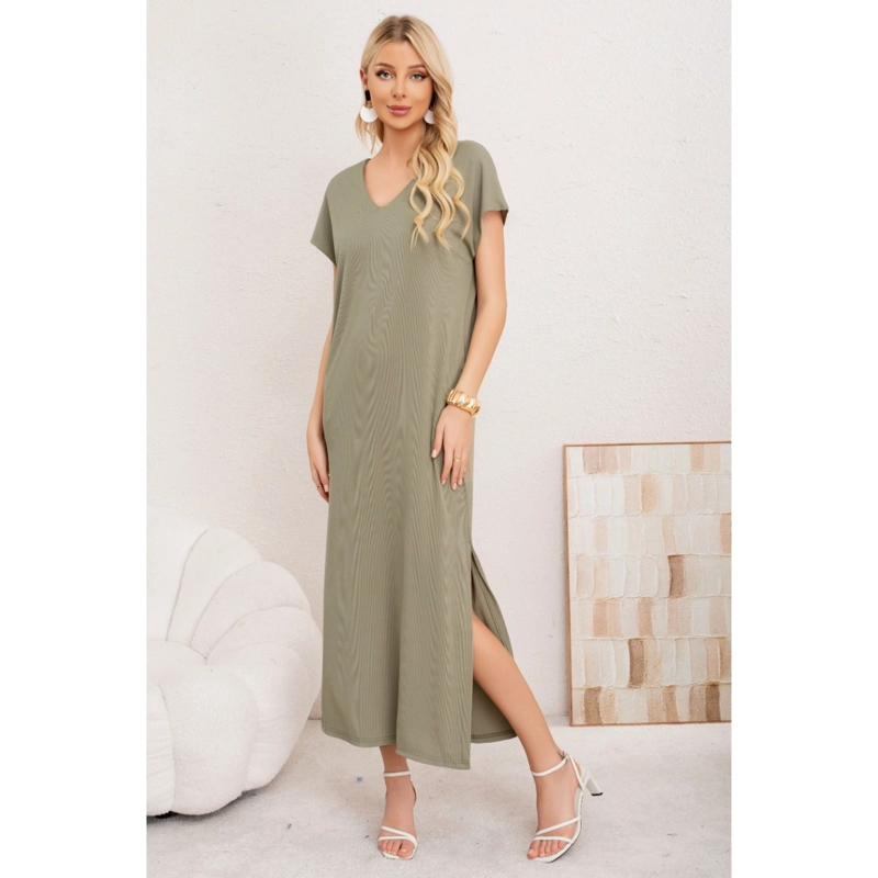 VESTIDO LARGO MUJER RECTO ESCOTE V BOLSILOS MANGA CORTA 3378 - 2