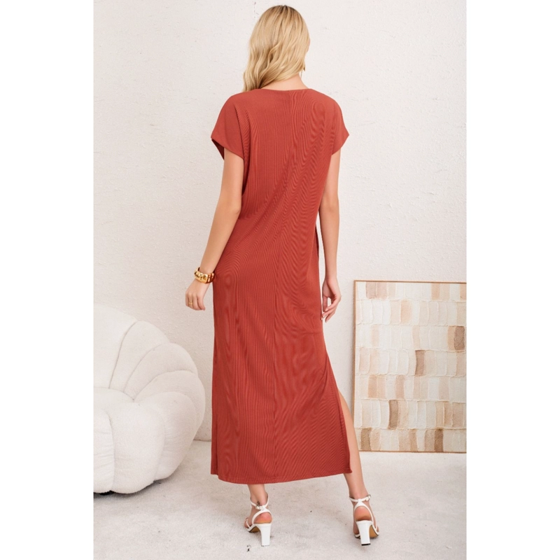 VESTIDO LARGO MUJER RECTO ESCOTE V BOLSILOS MANGA CORTA 3378 - 3