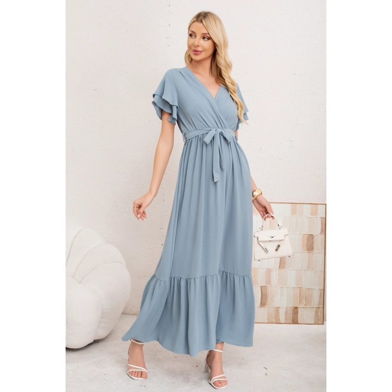 VESTIDO LARGO MUJER PRIMAVERA VERANO MANGA CORTA. ABERTURA, CUELLO V 3385 - 1