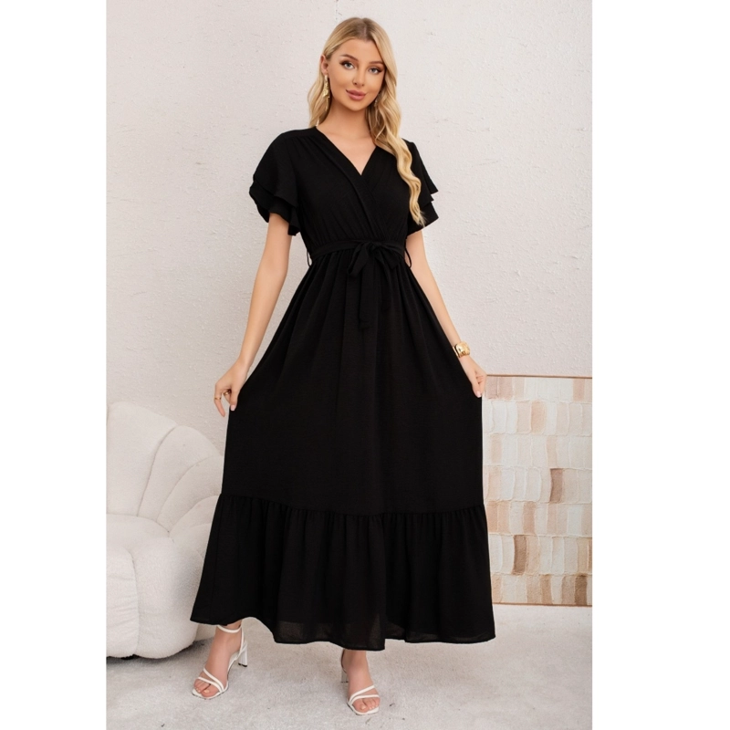 VESTIDO LARGO MUJER PRIMAVERA VERANO MANGA CORTA. ABERTURA, CUELLO V 3385 - 1