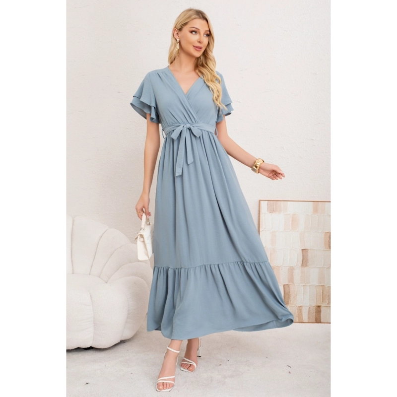 VESTIDO LARGO MUJER PRIMAVERA VERANO MANGA CORTA. ABERTURA, CUELLO V 3385 - 2