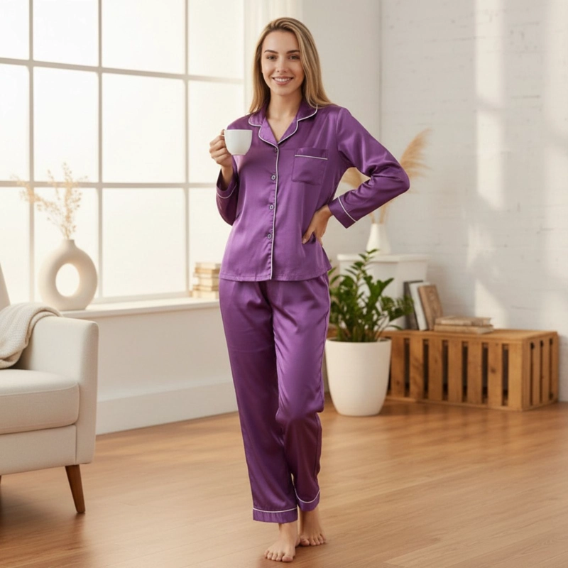 PIJAMA MUJER SATINADO 2 PIEZAS MANGA LARGA BOTONES COLORES 038 - 1