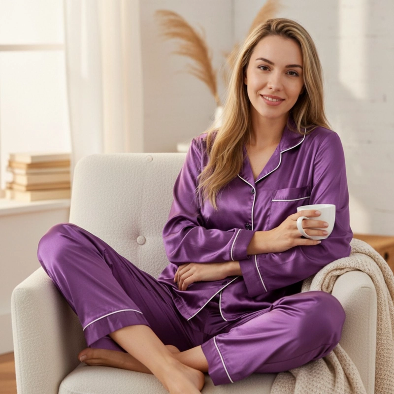 PIJAMA MUJER SATINADO 2 PIEZAS MANGA LARGA BOTONES COLORES 038 - 2