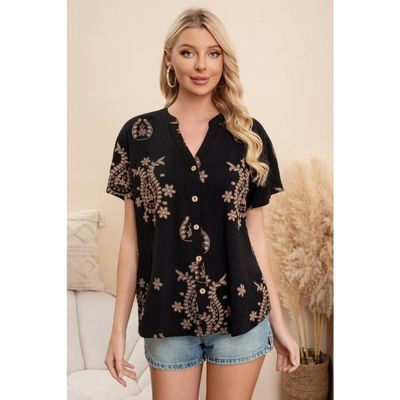 BLUSA MUJER MANGA CORTA ALGODON BOTONES DISEÑO ESTAMPADO 0076 - 1