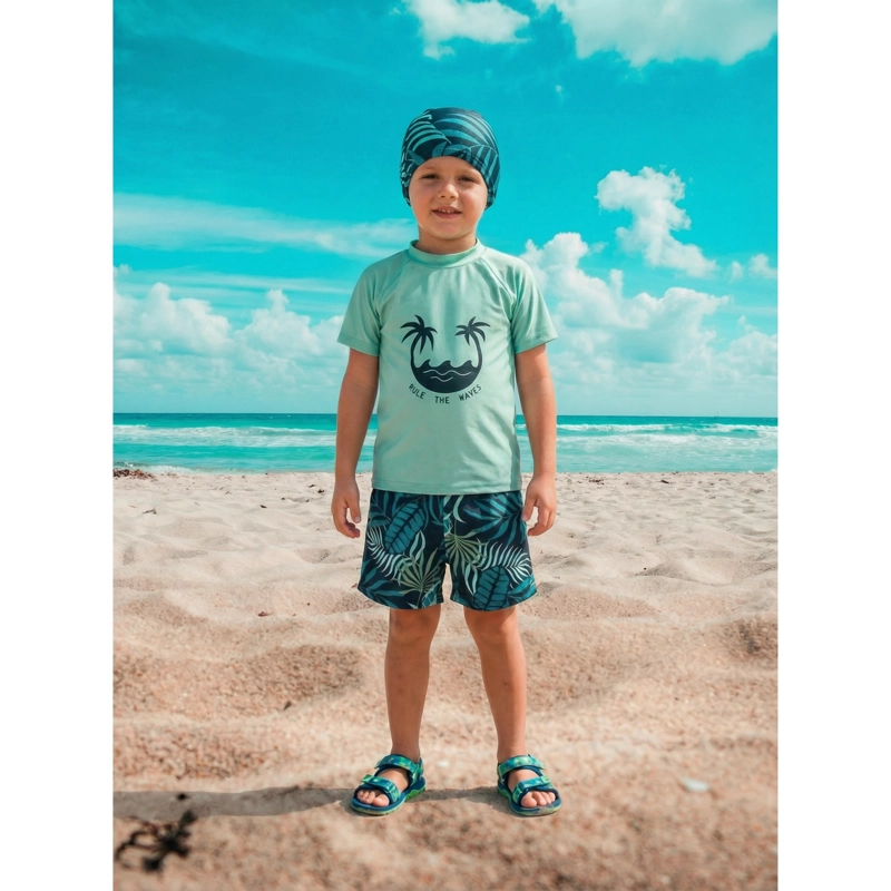 CONJUNTO DE BAÑO NIÑOS JOVENES SHORT POLERA GORRO MANGA CORTA PALMERAS 0062 - 1