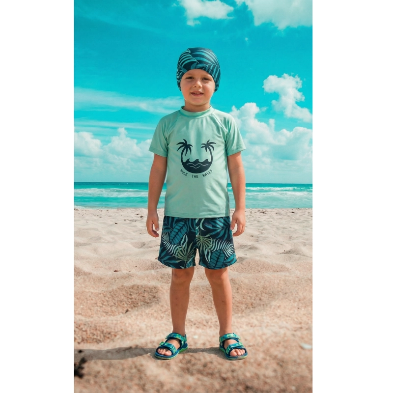 CONJUNTO DE BAÑO NIÑOS JOVENES SHORT POLERA GORRO MANGA CORTA PALMERAS 0062 - 1