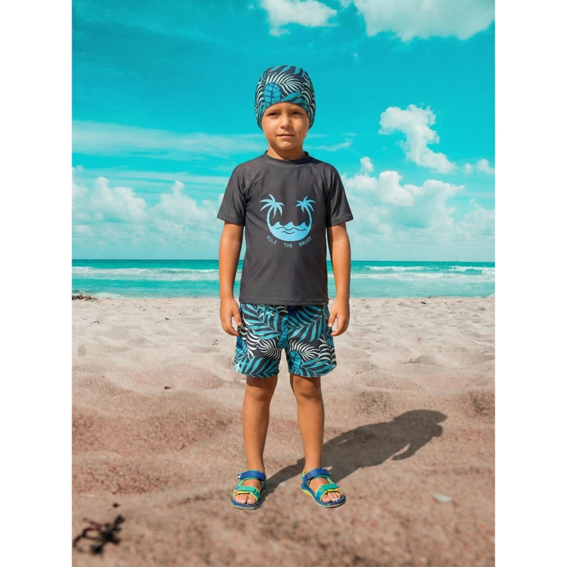 CONJUNTO DE BAÑO NIÑOS JOVENES SHORT POLERA GORRO MANGA CORTA PALMERAS 0062 - 1