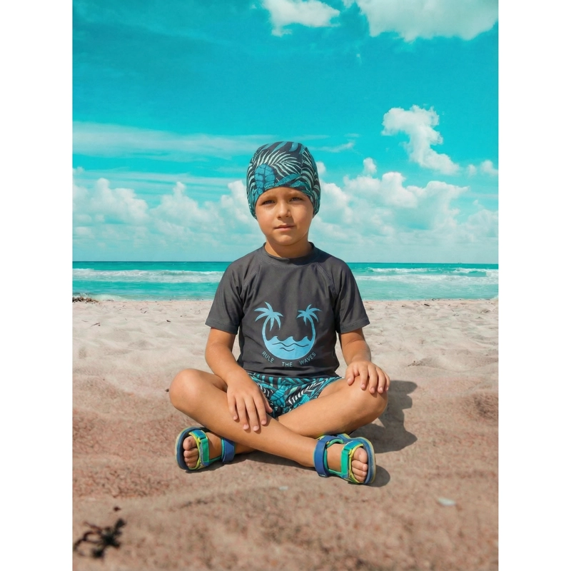 CONJUNTO DE BAÑO NIÑOS JOVENES SHORT POLERA GORRO MANGA CORTA PALMERAS 0062 - 2
