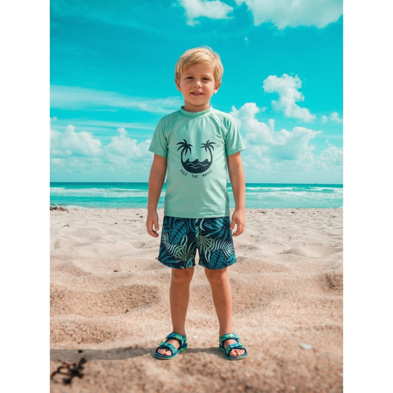 CONJUNTO DE BAÑO NIÑOS JOVENES SHORT POLERA GORRO MANGA CORTA PALMERAS 0062 - 3