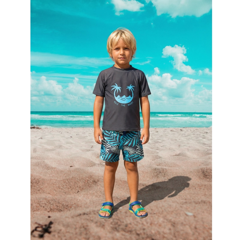 CONJUNTO DE BAÑO NIÑOS JOVENES SHORT POLERA GORRO MANGA CORTA PALMERAS 0062 - 3