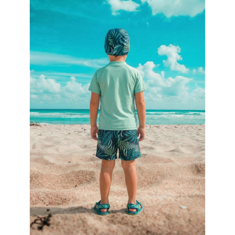CONJUNTO DE BAÑO NIÑOS JOVENES SHORT POLERA GORRO MANGA CORTA PALMERAS 0062 - 4