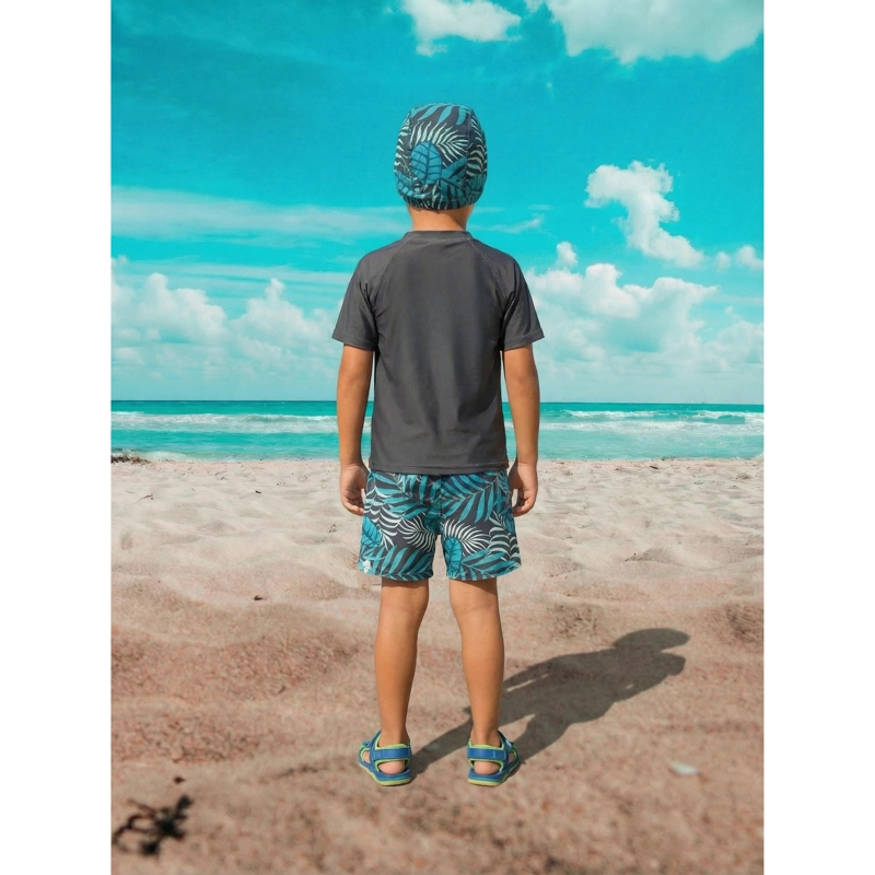 CONJUNTO DE BAÑO NIÑOS JOVENES SHORT POLERA GORRO MANGA CORTA PALMERAS 0062 - 4