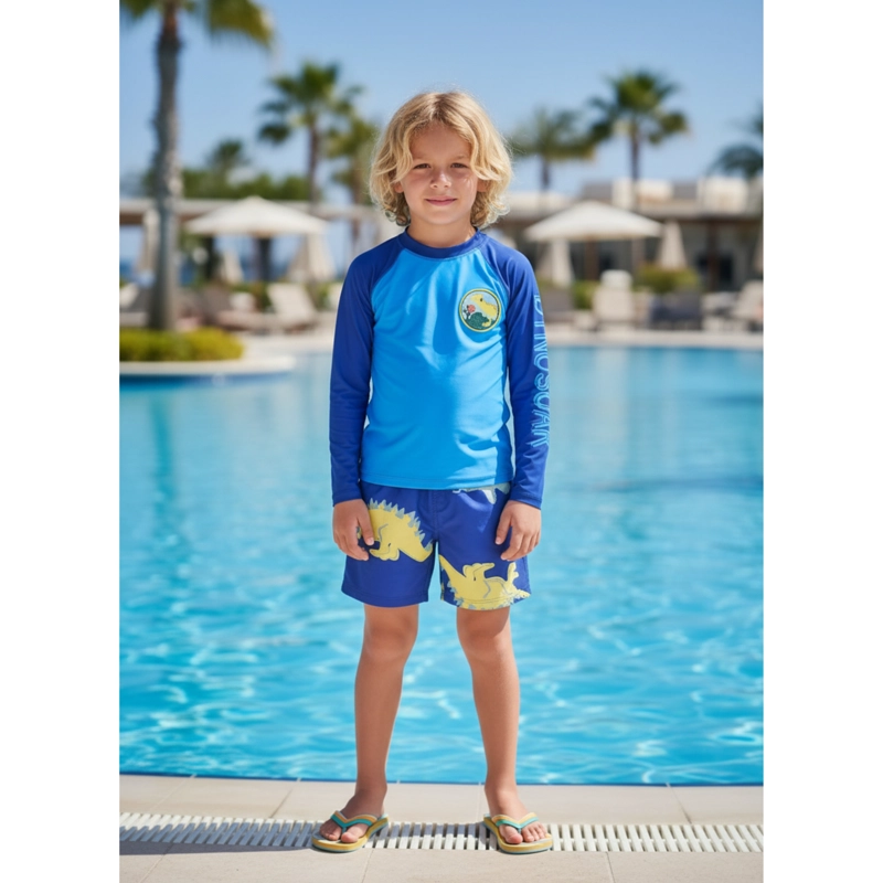 CONJUNTO DE BAÑO NIÑOS SHORT POLERA GORRO MANGA LARGA DINO 0060 - 1