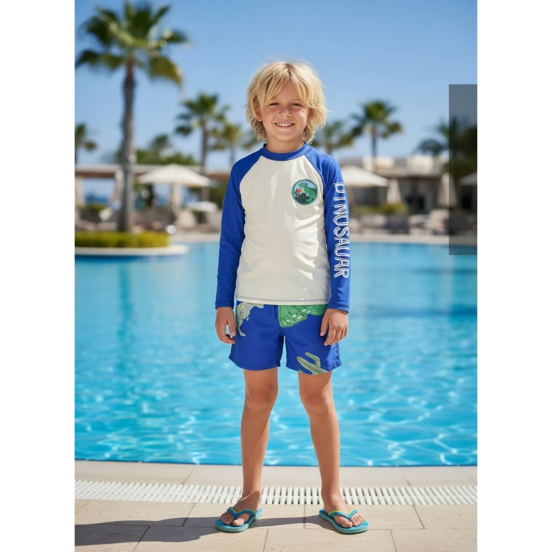 CONJUNTO DE BAÑO NIÑOS SHORT POLERA GORRO MANGA LARGA DINO 0060 - 1