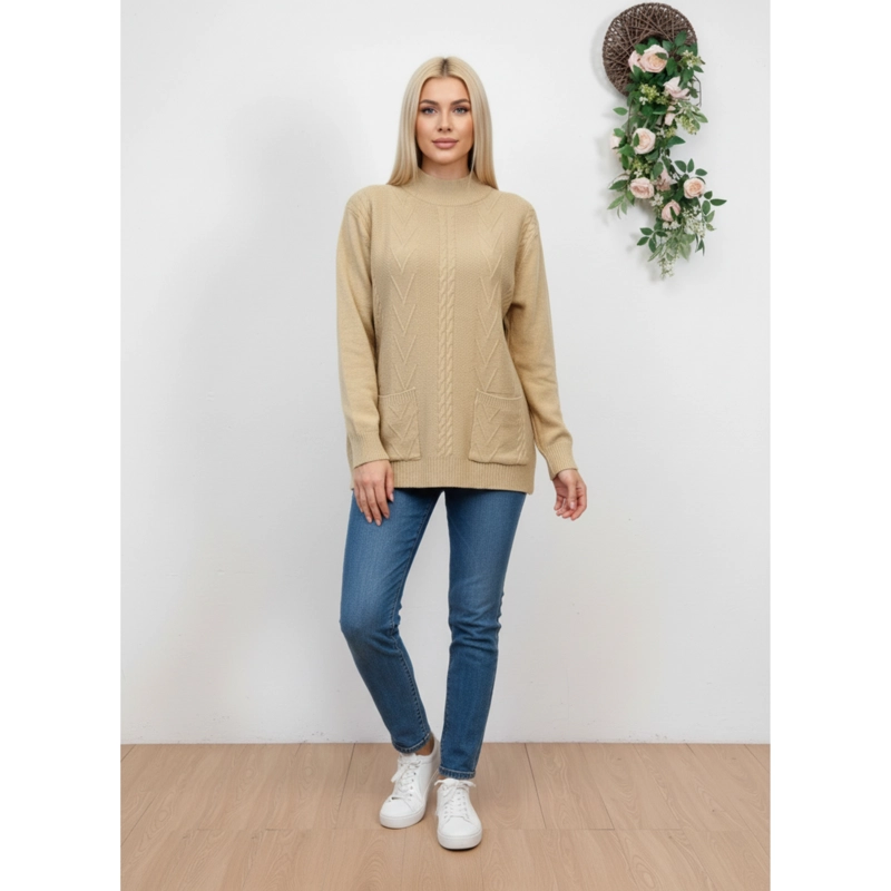 SWEATER DE PUNTO MUJER TEJIDO CUELLO ALTO BOLSILLOS COLORES Q2625 - 1