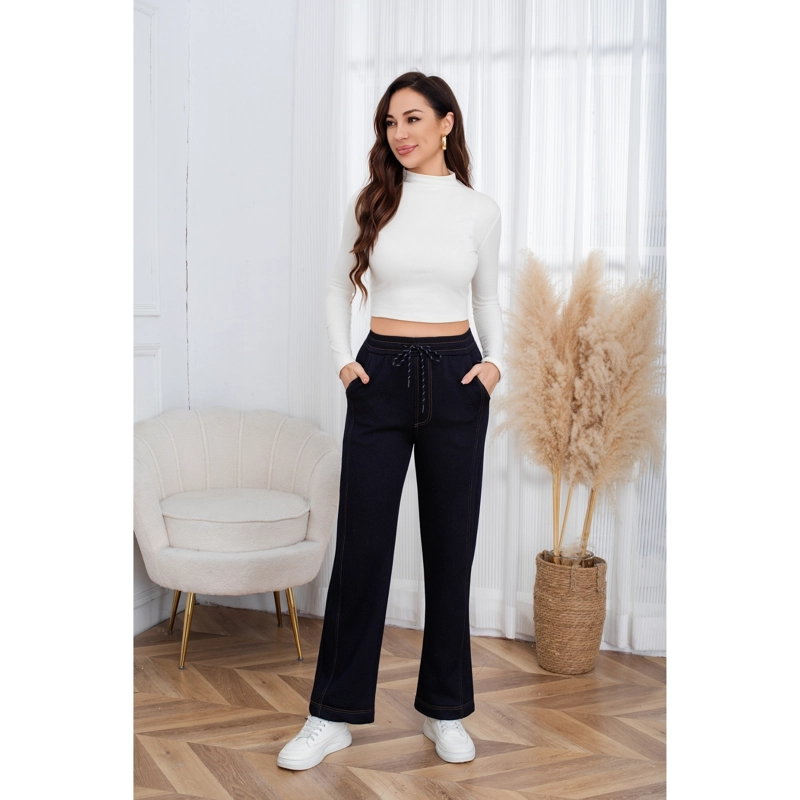 PANTALON MUJER ANCHO LINEAS TIPO JEANS INVIERNO FORRO PIEL MEZCLILLA 7001 - 1